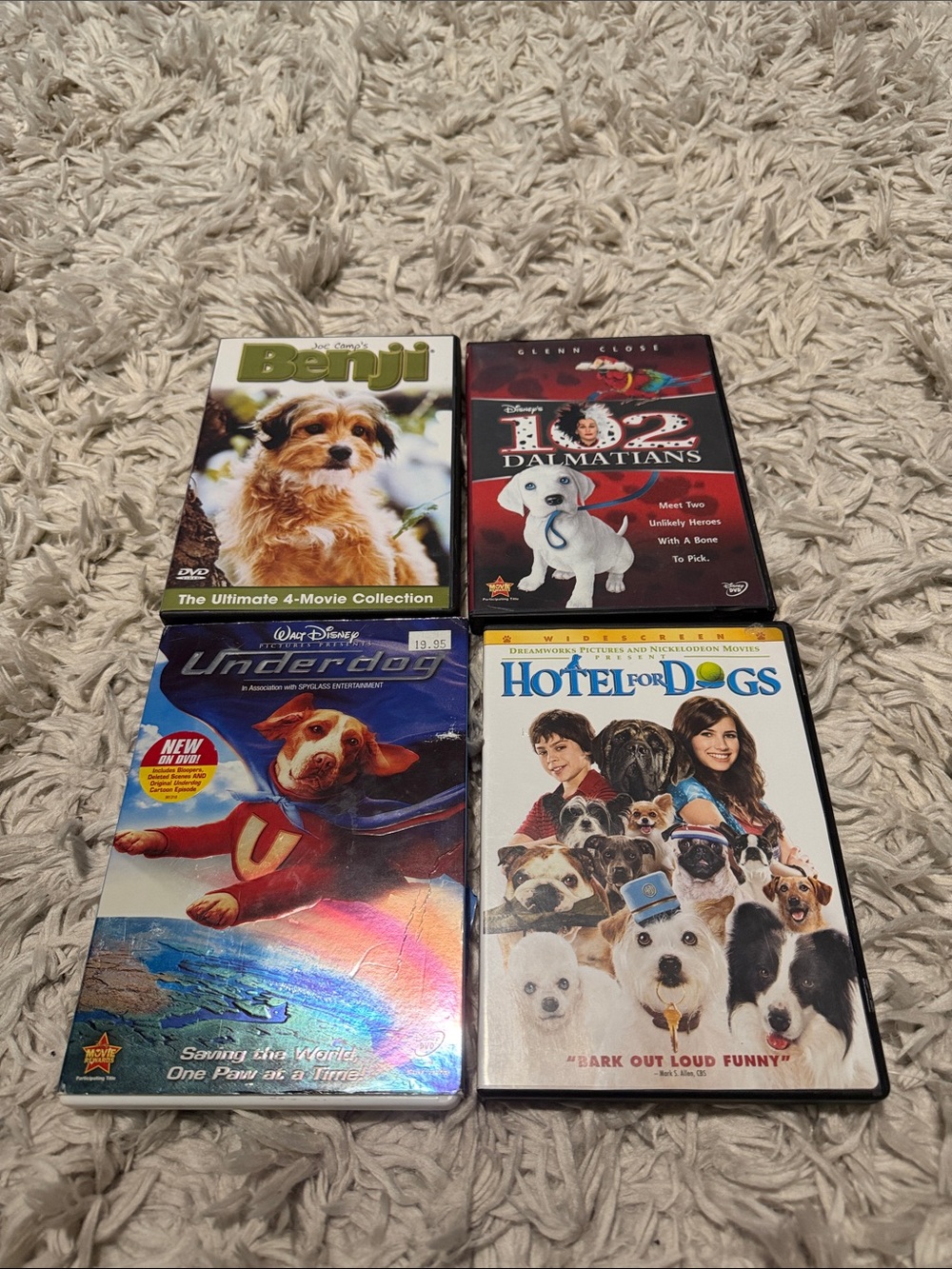 Four Kids' Dog Movie DVDs - Benji, 102 Dalmatians, Underdog, Hotel for Dogs